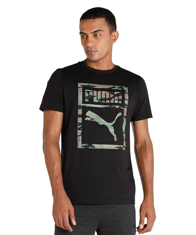 Men Black Graphic Print Casual Round Neck T Shirt