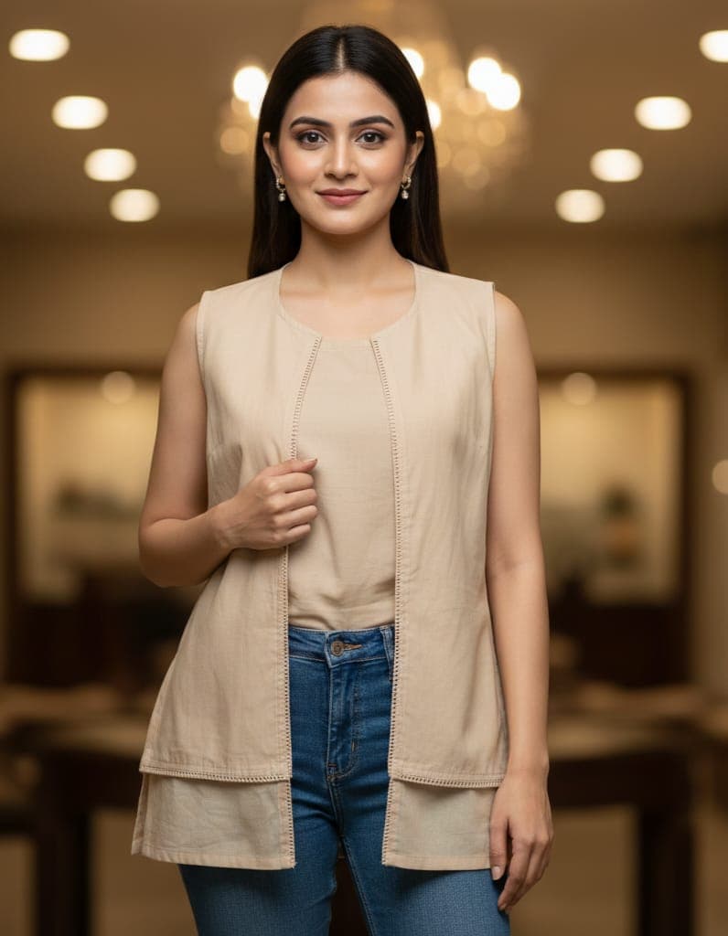 Beige Layered Jacket Short Kurti Top
